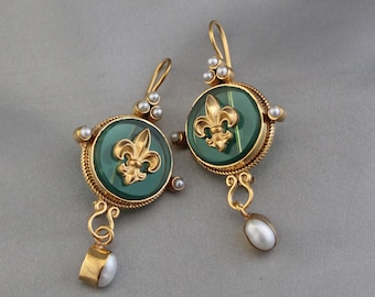 Green Intaglio Fleur de Lys Earrings, Antique gold Victorian style pearl earrings, Edwardian style dangle earrings