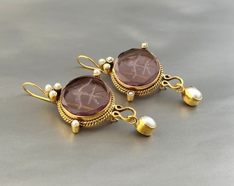 Fleur De Lys Intaglio Earrings, Purple Earrings, personalized gold earring, gold pearl wedding earrings