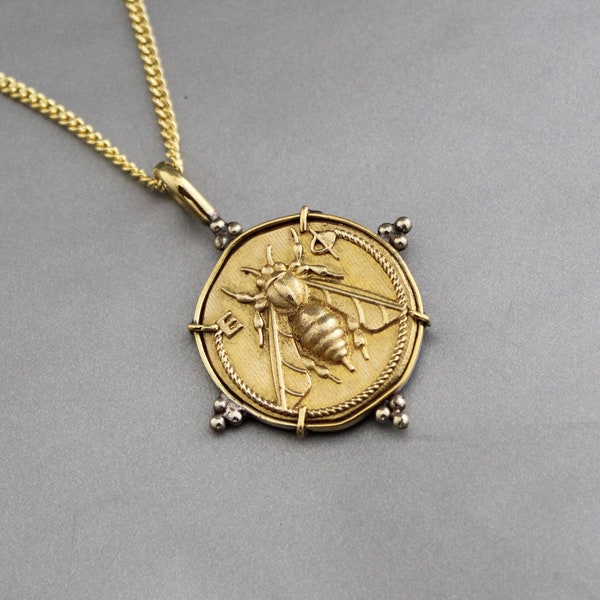 Coin Jewelry, Egyptian Necklace, 14k gold necklace, Egyptian jewelry, Antique necklace, Bird Coin, Vintage Bee Coin, Vintage Honey Bee