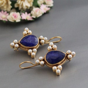 Blue Sapphire Earrings, Pearl Art Deco Earrings, 1930s vintage style, Edwardian Style Jewelry, Art Nouveau Earrings, Gold Wedding Earrings