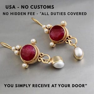 14K Gold Victorian Dangle Earrings: Red Ruby & Pearl Bridal Jewelry