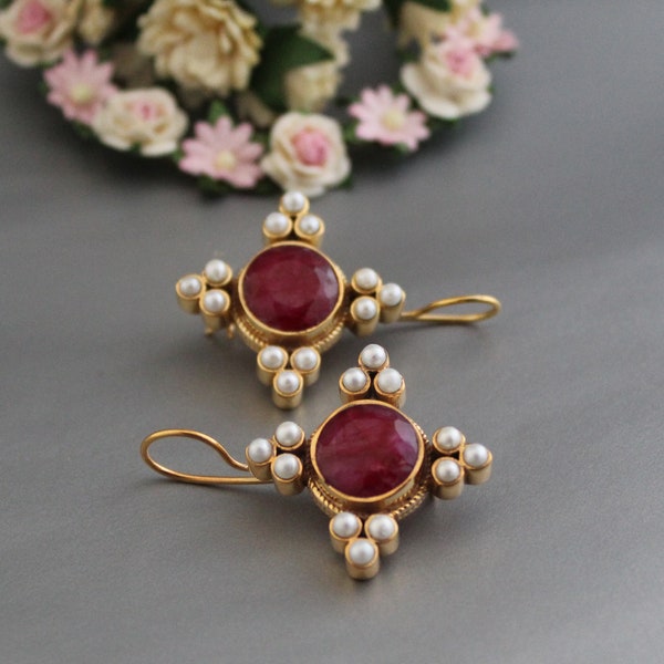 Pearl Art Deco Earrings, Ruby Earrings, Edwardian Jewelry, Vintage Antique Victorian Jewelry, Pearl Earrings, Bridal Handmade Jewelry