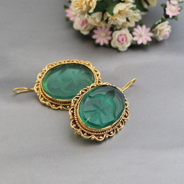 Pendientes Intaglio, Pendientes verdes, Pendientes de cristal hechos a mano, Joyas de oro vintage, Pendientes de boda victorianos