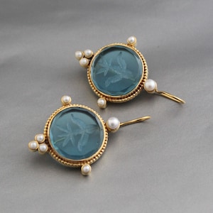 Intaglio Earrings, Gold Victorian Style, Pearl Accents, Bridal Jewelry, Bridesmaid Gift
