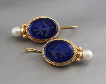 Intaglio Earrings, Blue Earrings, Vintage Gold Wedding Earrings, Ancient Roman Jewelry, Renaissance jewelry, Bridesmaid Gifts, Handmade