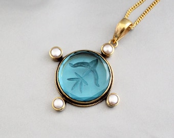 Intaglio Necklace, Dainty Gold Necklace, Blue Pendant, Vintage antique Jewelry, Statement Necklace, Personalized Jewelry, Wedding Jewelry
