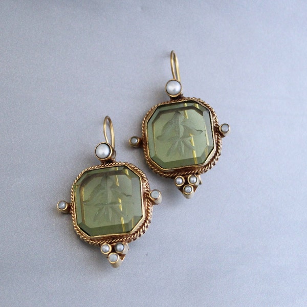 1940s Intaglio Earrings, Women Jewelry, Green Cameo Earrings, Antique Cameo Style, Vintage, Retro, Gold Wedding Earring, Intaglio Earring