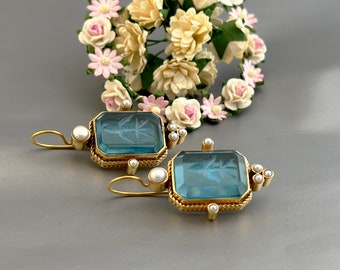 Blue Topaz Intaglio Earrings, Blue Intaglio Crystal Earrings, Vintage Earrings, cameo jewelry, boho earring, vintage earring, cameo earring