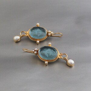 Intaglio Earrings, Blue Earrings, Dainty Gold Earrings, Antique Vintage Jewelry, Edwardian Earrings, Wedding Earrings, Handmade Jewelry