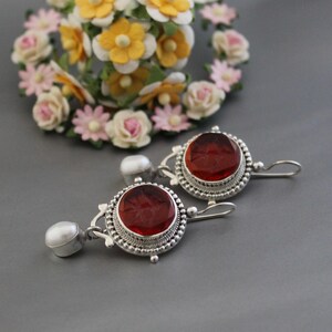 Intaglio Earrings, Red Earrings, Edwardian Earrings, Victorian Earrings, Antique Earrings, drop Earrings, Gold Statement Earrings