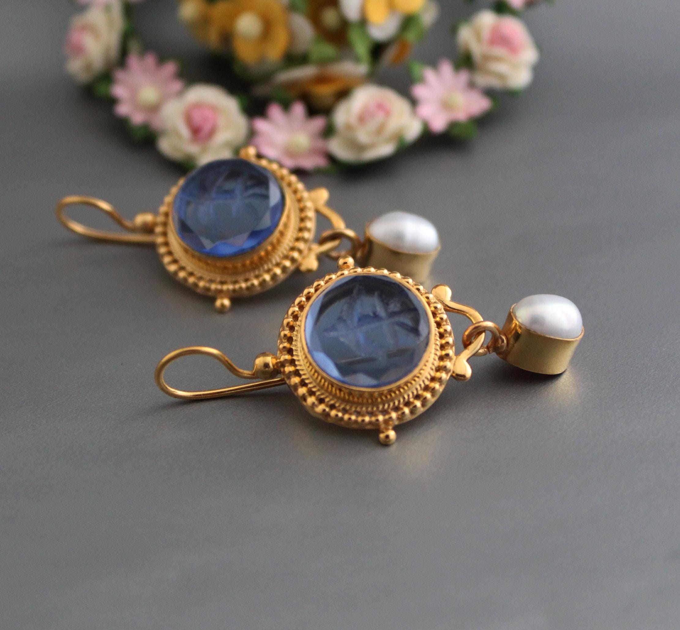 Intaglio Blue Crystal Earrings: Gold Brass Antique Style Jewelry