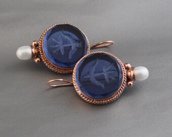 Blue Glass Intaglio Earrings, Brass Vintage Style, Pearl Accent, Handmade Jewelry
