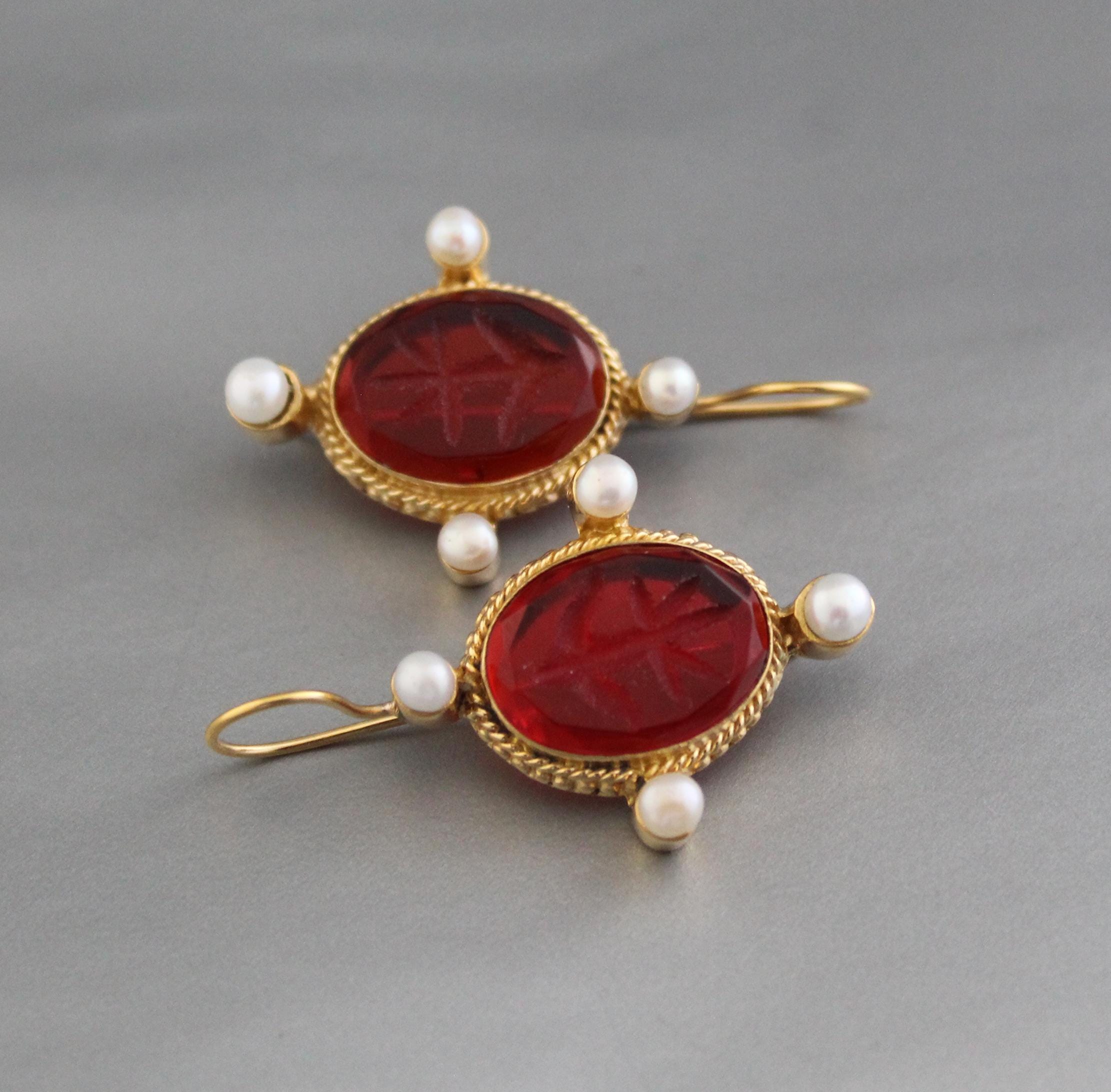 Red String Intaglio Intaglio Earrings, Red Crystal Earrings, Vintage Earrings, Gold ...