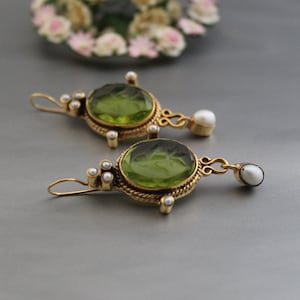Green Intaglio Earrings, Crystal Earrings, Vintage Earrings, Antique Jewelry, Wedding Earrings, Gold earrings, Art Deco Jewelry,Gift for Her