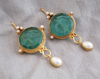 Intaglio Earrings, green-earrings, gold statement earring, bridal earrings gold, dainty 14k gold earrings