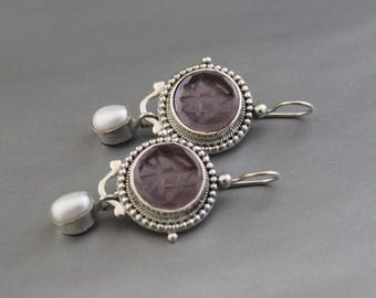 Purple Intaglio Earrings, Vintage Art Deco Dangle, Carved Glass, victorianearrings, wedding earring gift