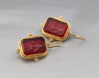 Red Rectangular Intaglio Earrings, Greek Roman Style Carved Glass Dangles, Gold Plated