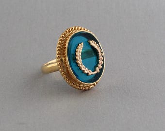 Handmade Blue Glass Intaglio Cocktail Ring, Victorian Gold Vermeil Signet, Carved Glass Signet Gold Plated