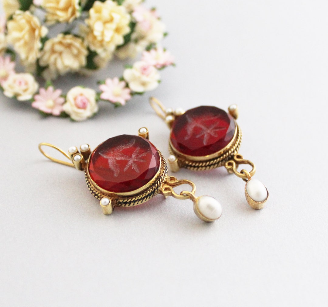 Red Intaglio Earrings, Intaglio Crystal Earrings, Vintage Earrings ...