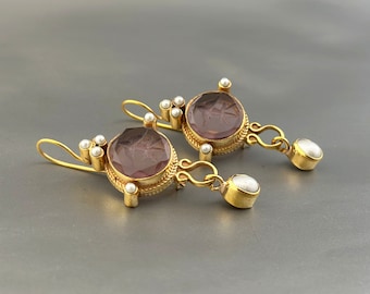 Intaglio Earrings, Small Purple Earrings, Vintage Earrings, 1920s Intaglio, Antique Jewelry, Gold Earrings, Intaglio Jewelry