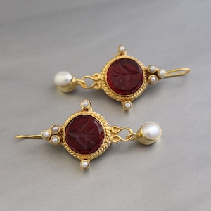 Small Red Intaglio Earrings, Crystal Earrings, Dangle Victorian Earrings, 14K Gold Earrings, Antique Jewelry, Bridal Pearl Earring