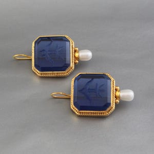 Vintage Indigo Blue Intaglio Earrings, Gold Antique Jewelry, Victorian Bridesmaid Proposal Gift image 7
