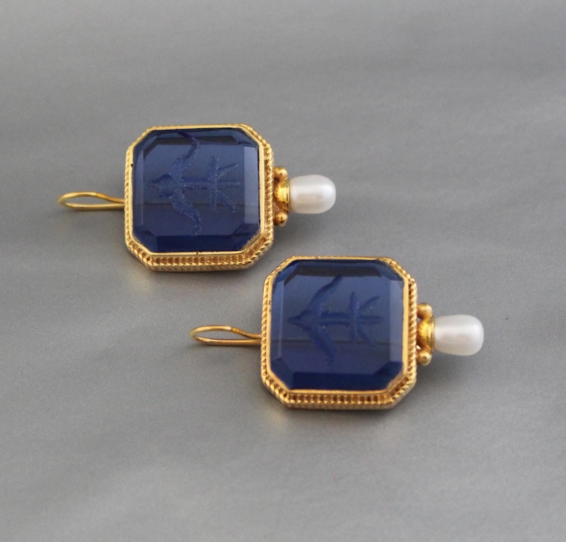 Vintage Indigo Blue Intaglio Earrings, Gold Antique Jewelry, Victorian Bridesmaid Proposal Gift image 7