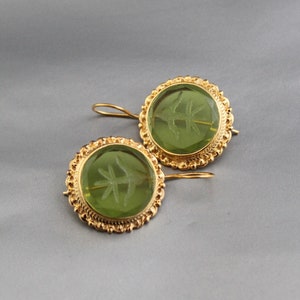 Green Intaglio Earrings, 18K Gold Earrings, Antique Jewelry, Victorian Earrings, Ancient Jewelry, Art Deco Jewelry, Wedding Earrings