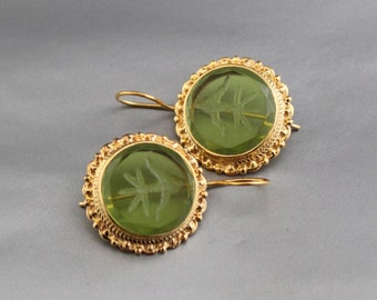 Green Intaglio Earrings, 18K Gold Earrings, Antique Victorian Earrings, Ancient Vintage Wedding Earring, Art Deco Jewelry, Boho Earrings