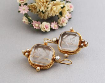 Clear Square Intaglio Earrings, 1920s Art Deco Style Carved Glass Dangles, Gold Plated