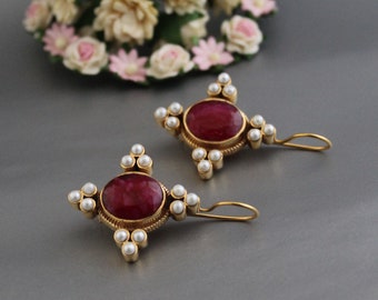 Ruby Earrings, Edwardian Jewelry, Boho Vintage Antique Victorian Jewelry, Art Nouveau Pearl Earrings, Jewelry for Bride, Birthstone Jewelry