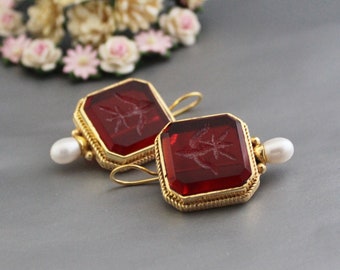 Red Intaglio Earrings, Victorian Style Brass Jewelry, personalized gold earring, gold pearl wedding earrings