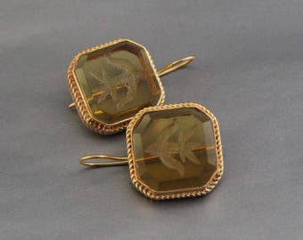 Victorian Intaglio Earrings: Yellow Glass, 18K Gold Cameo Jewelry, vintage styles wedding earrings, gold earrings for her