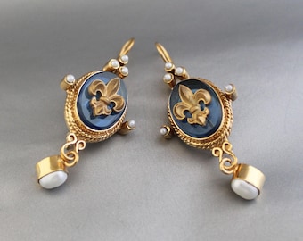 Intaglio Earrings, Blue Crystal Antique Style, vintage styles wedding earrings, victorianearrings, gold earrings gift for mom