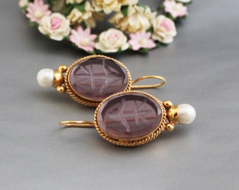 Intaglio Earring, Purple Stone Earrings, Victorian Antique Jewelry, Wedding Jewelry, Gift for mom, Edwardian Jewelry, 18K Gold Earrings