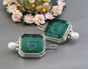 Green Square Intaglio Earrings, Ancient Roman Grand Tour Style Carved Glass Pearl Drops, 925 Sterling Silver
