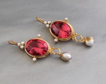 Intaglio Earrings, Pink Earring, 18K Gold Earrings, 1920s Victorian Earrings, Antique Ancient, Wedding Jewelry, Edwardian Style,Gift for Mom