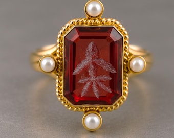 Red Intaglio Ring, Unique Art Deco promise ring for her, Antique style dainty women's Victorian ring