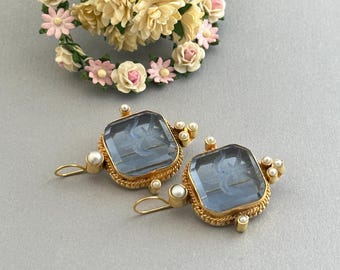 Intaglio Blue Glass Earrings, Victorian Style Gold Brass Jewelry, Bridesmaid Gift, Bridal Pearl Wedding Gift, Historical Replica Jewelry