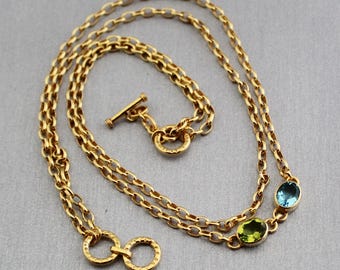 Colorful Crystal Pendant Necklace, Victorian Style, Gold Plated