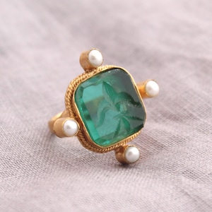 Intaglio Ring, Crystal Ring, Green Stone Ring, Ancient Ring, Vintage Ring, Gold Ring, Jewelry, wedding gifts, gift for her, Anniversary Gift