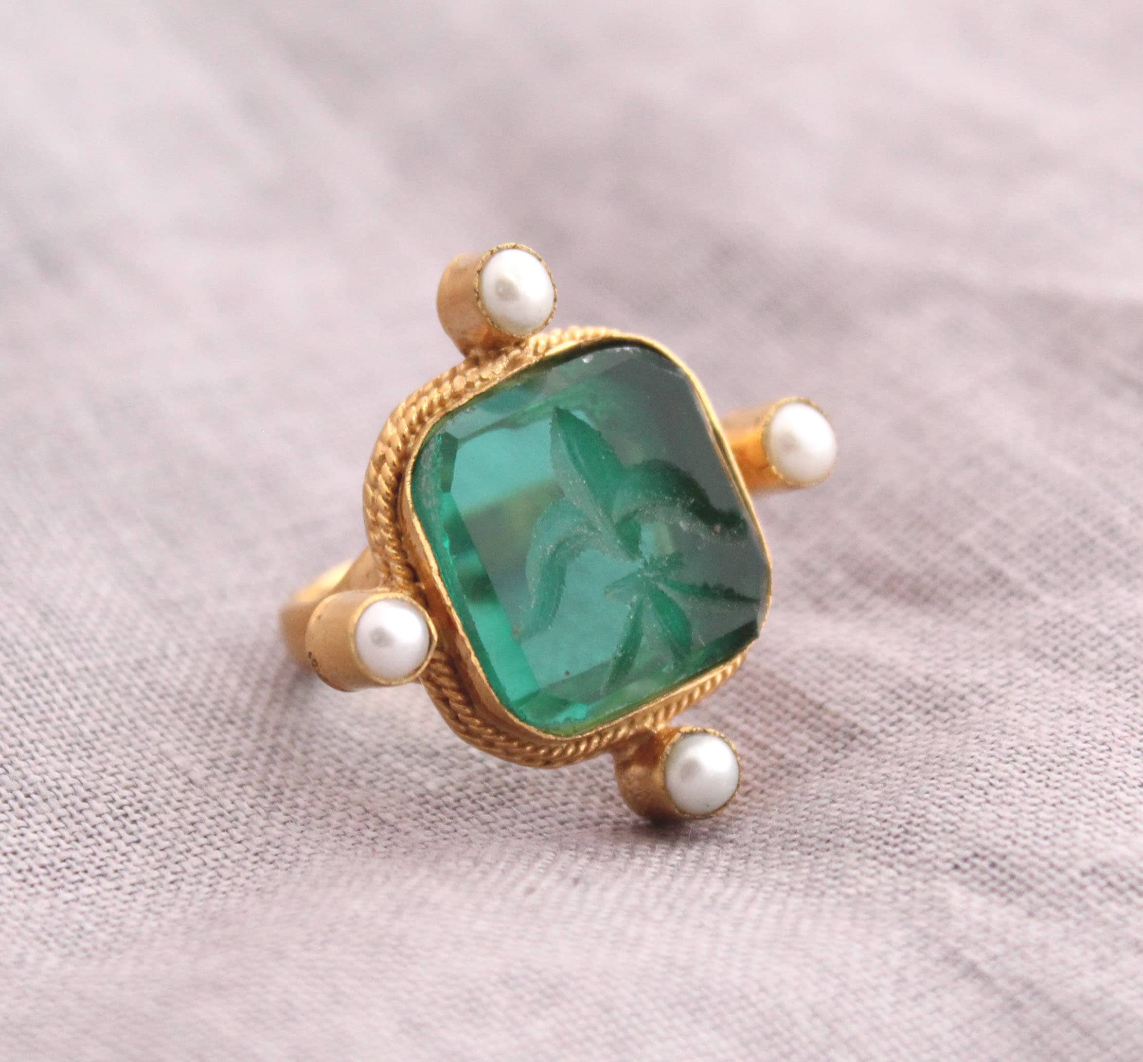 Anello Di Giada Verde / Anello Placcato In Oro 24K / Anello - Foto 2