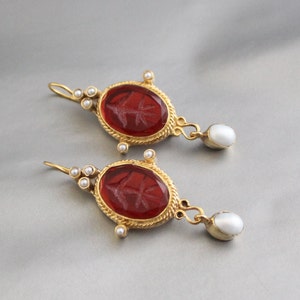Intaglio Earrings, Red Earrings, Dainty Gold Earrings, Antique Victorian Vintage Cameo Jewelry,  GORGEOUS Victorian Inspired earrings