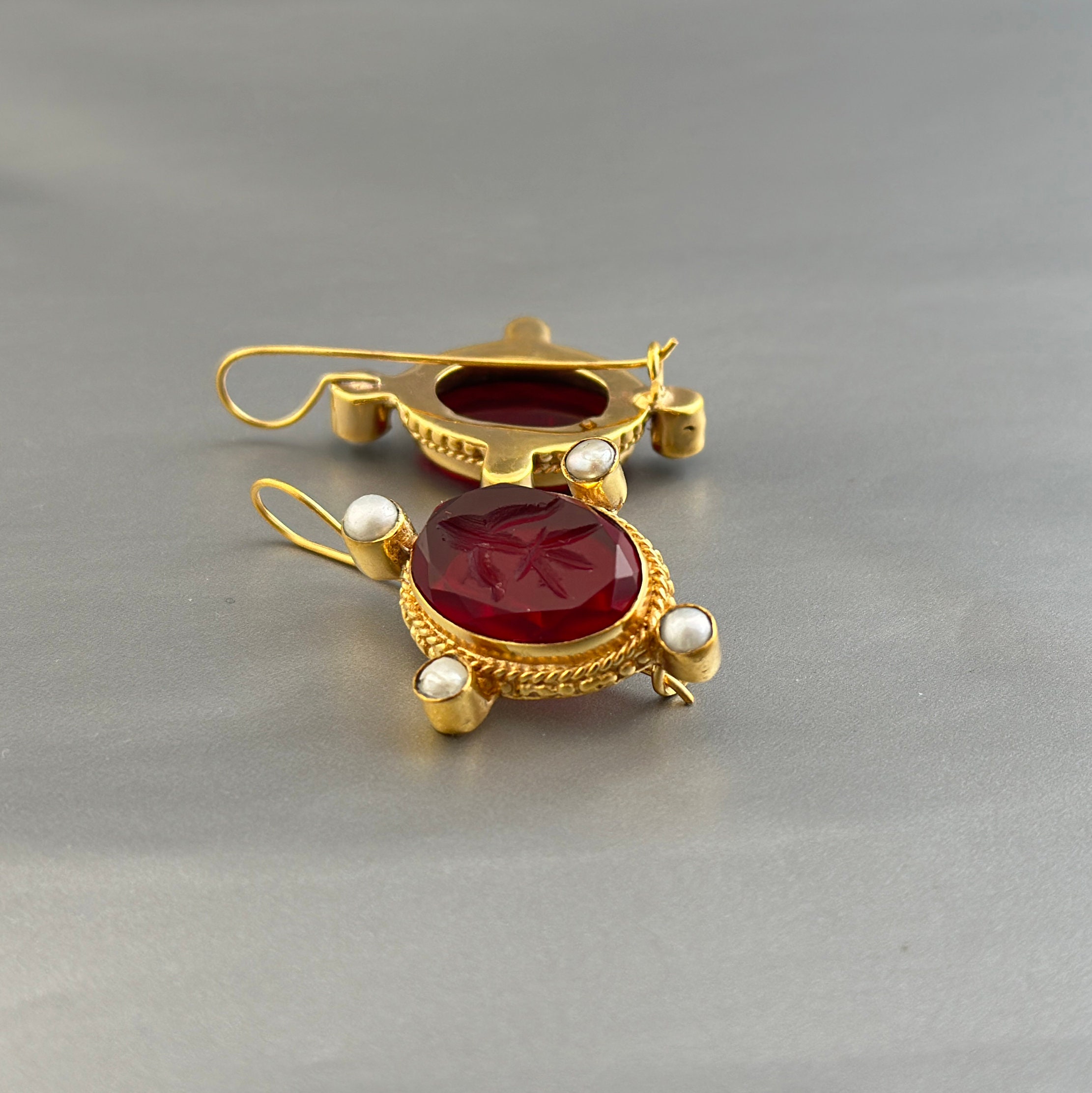 Red String Intaglio Intaglio Earrings, Red Crystal Earrings, Vintage Earrings, Gold ...