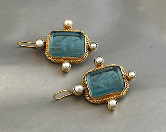 Intaglio Earrings, Blue Stone Earrings, Antique Victorian Jewelry, 18K Gold Earrings, Art Deco Earrings, Edwardian Jewelry, Wedding Earrings