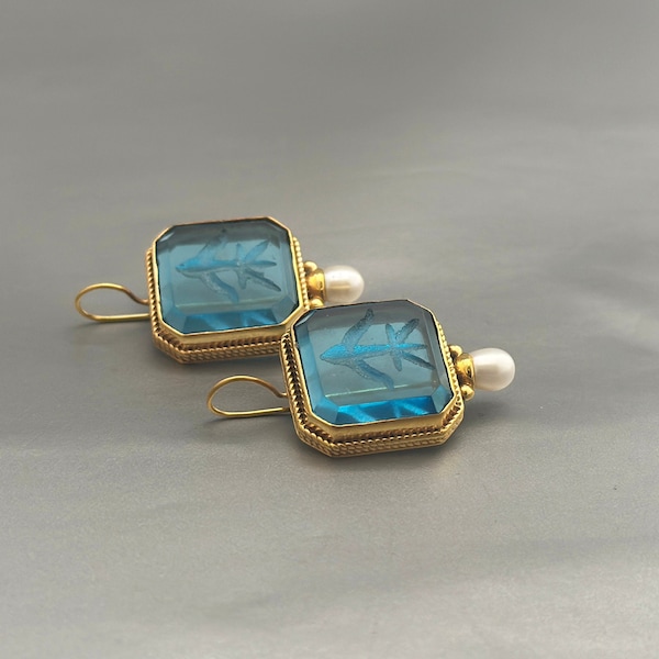 Intaglio Earrings, Blue Earrings, Ancient Vintage Earrings, Dainty Gold Earrings, Wedding Earrings, Bridesmaid Gifts, Renaissance Earrings