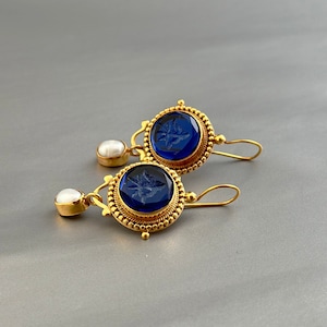 Intaglio Earrings, Small Blue Crystal Earrings, Antique Jewelry, Gold Earrings, antique jewelry, statement earrings, art nouveau earrings