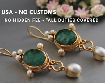 18K Gold Emerald Earrings: Edwardian Pearl Art Nouveau Jewelry