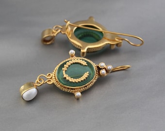 Green Glass Intaglio Drop Earrings, Gold Vermeil, Victorian Style Jewelry,  Dark Academia Aesthetic, French Retro Mother's Day Gift