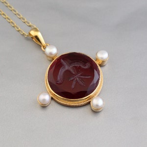 Victorian Woman Intaglio Necklace, 18K Gold Necklace, Vintage Romantic Victorian Jewelry, Necklace for men, 1940s Statement Jewelry
